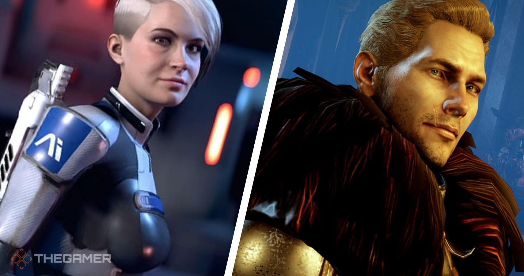 A character from Mass Effect on the left: a woman called Cora. She has short blonde hair. A Dragon Age character is on the right, Cullen, a man with bright blond hair and wearing armor