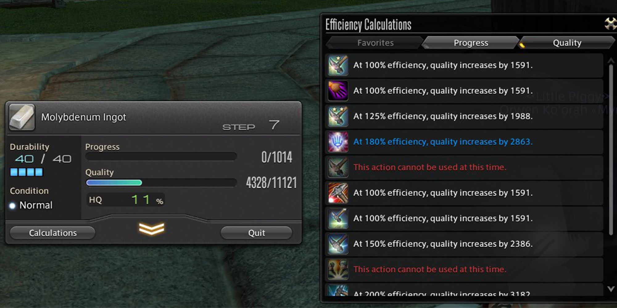 Efficiency Calculations menu while crafting a molybdenum ingot