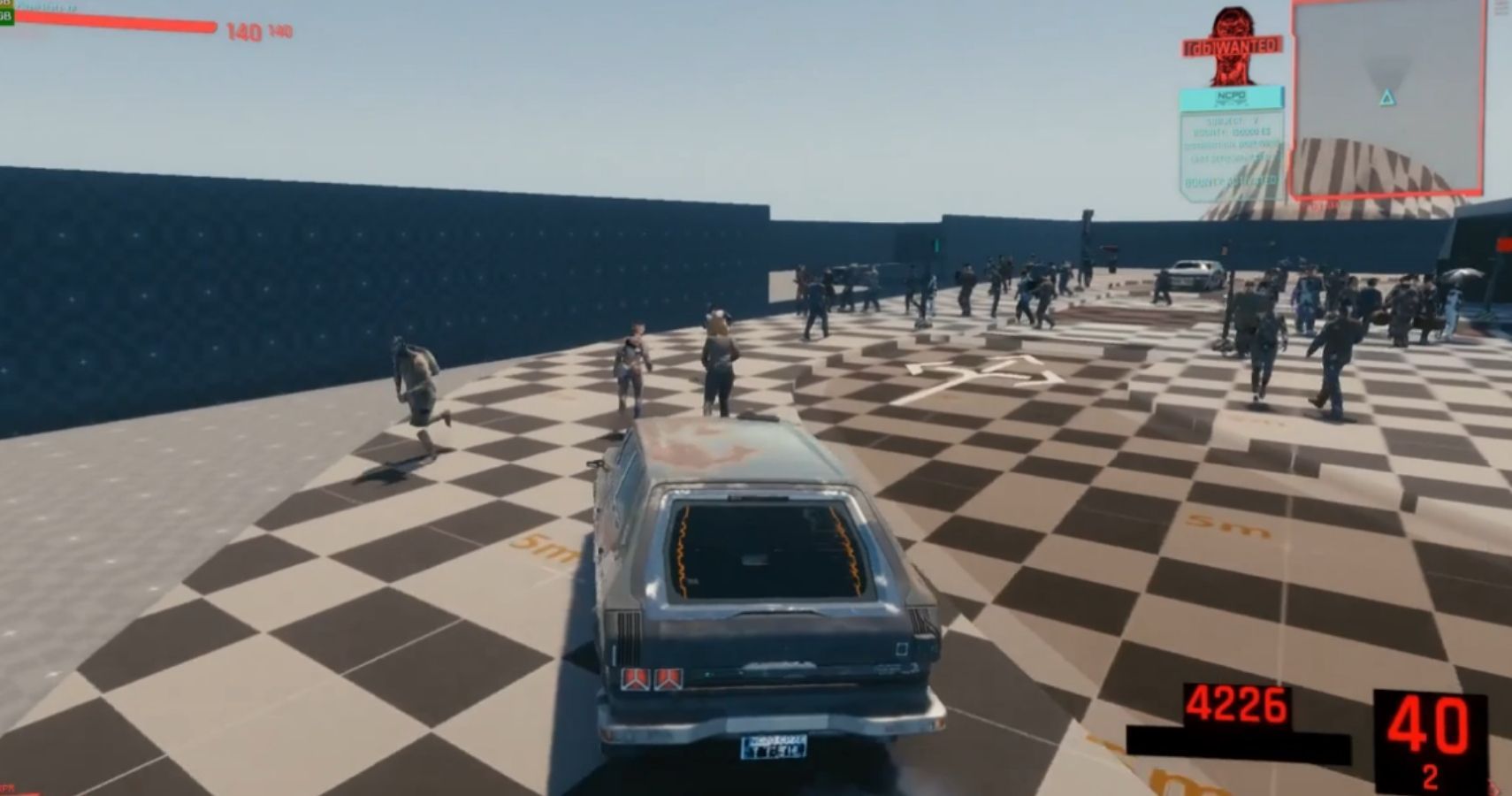 A car drives through a test level, about to hit pedestrians 