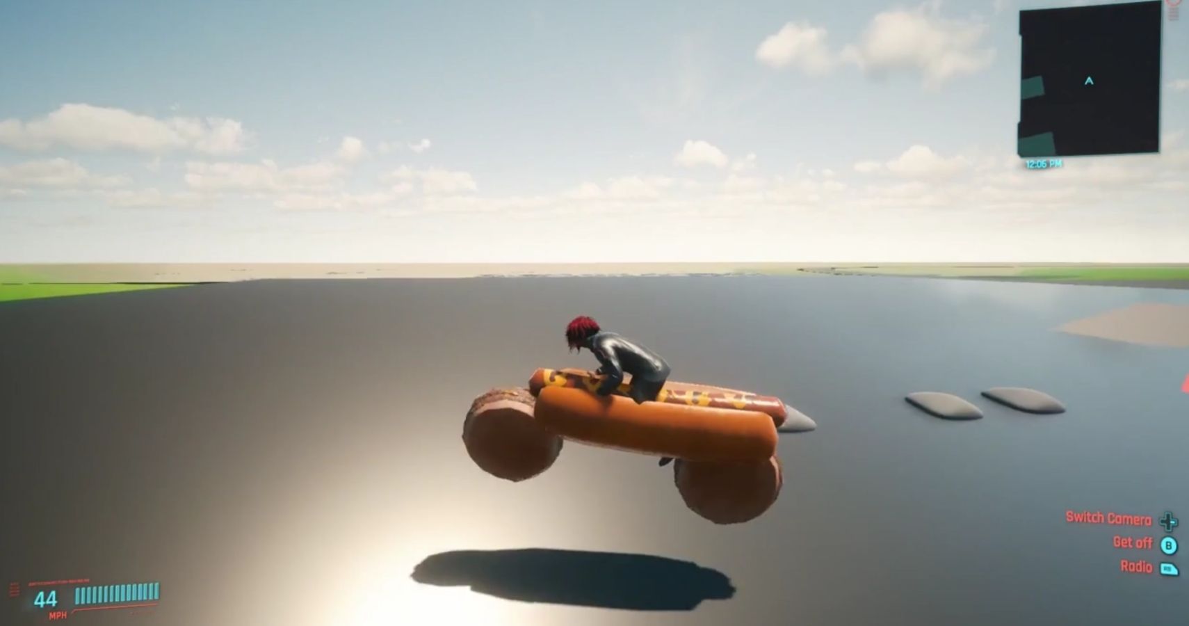 A character rides a hot dog bike in an empty game world