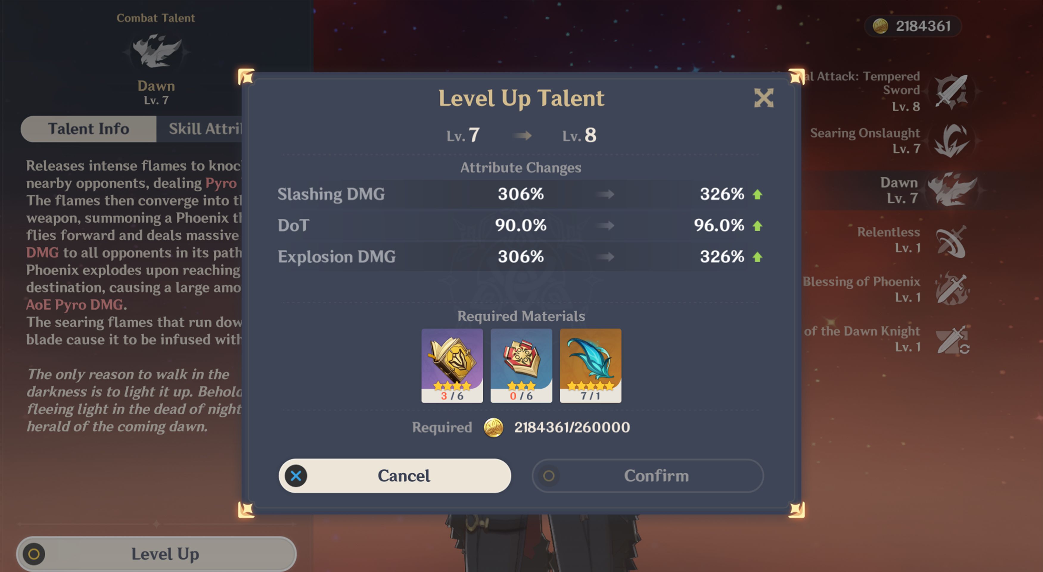Diluc Talent level up screen
