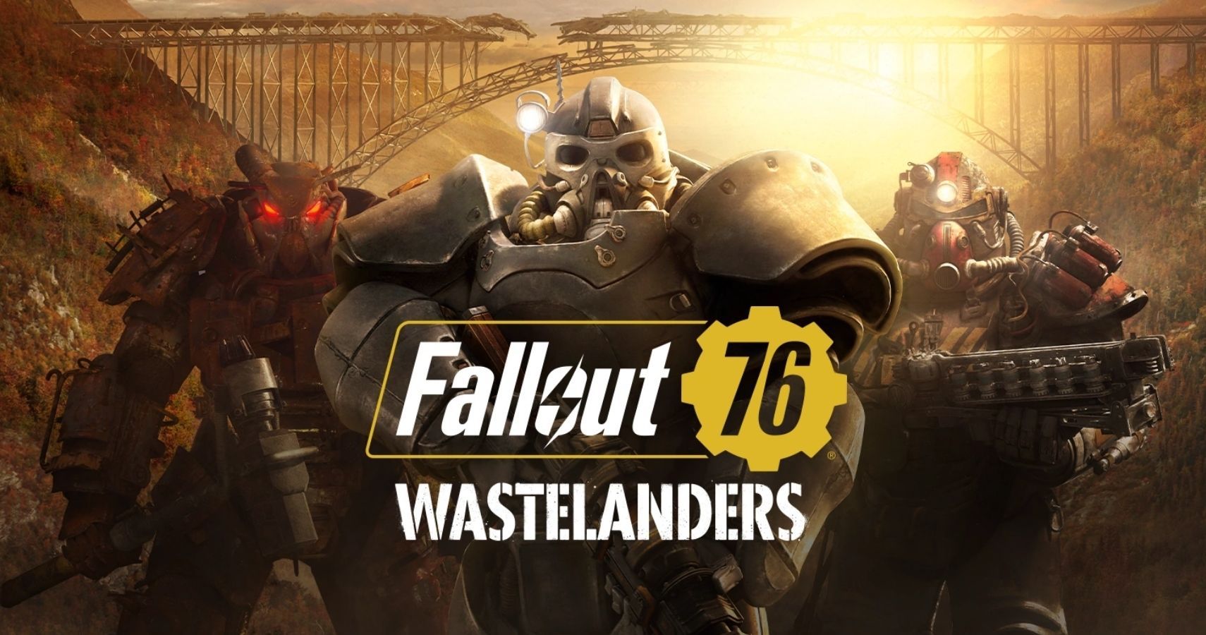 Three heavily armored soldiers stand in a post apocalyptic setting. The text reads: Fallout 76 Wastelanders.