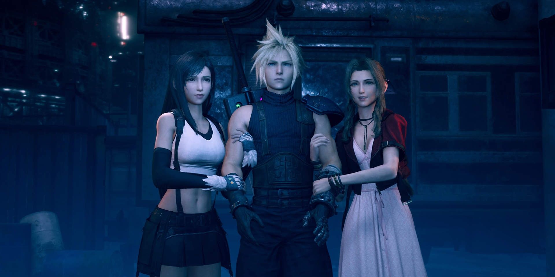 Final Fantasy 7 Remake Tifa and Aerith holding onto each of Cloud's arms