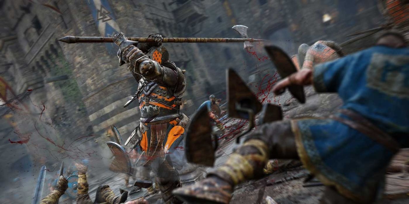 The Lawbringer swings their poleaxe towards a group of enemy soldiers.