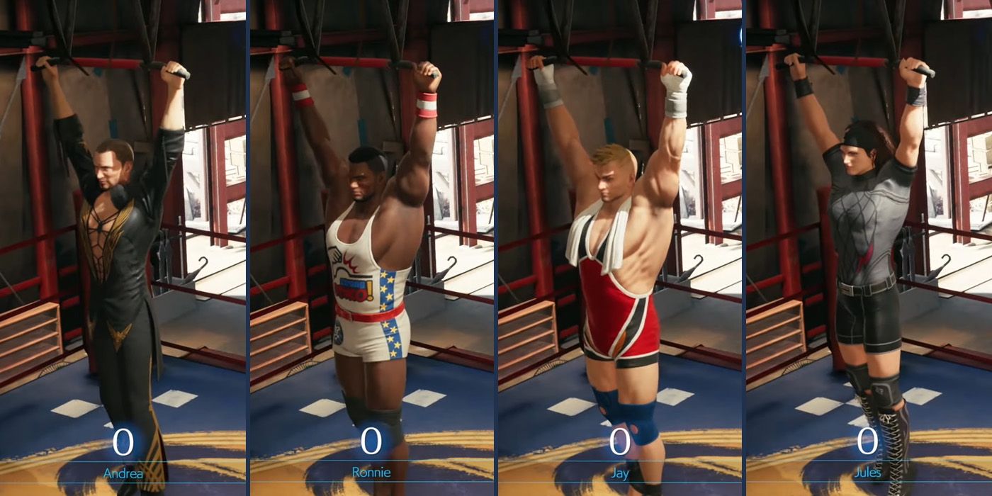 The four competitors in Final Fantasy VII Remake's pull-ups challenge
