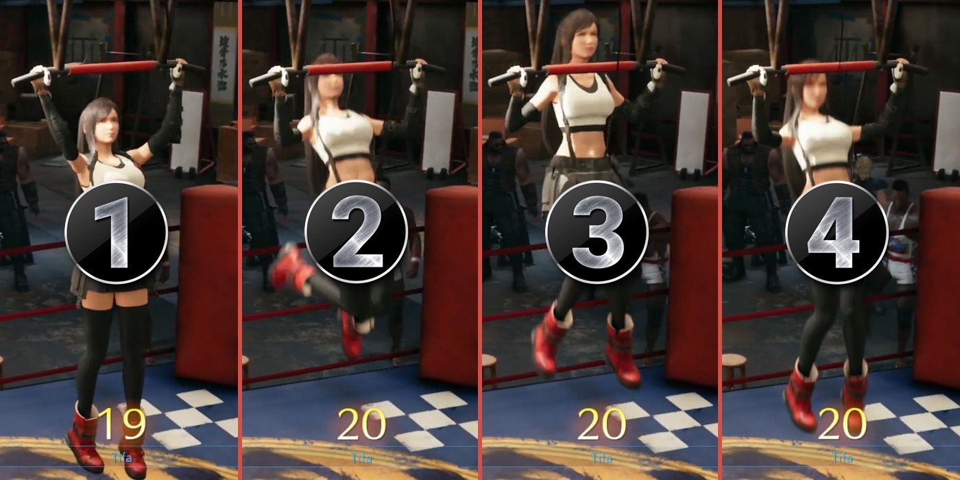 Tifa's body position for each button press in the FF7 Remake pull-ups challenge