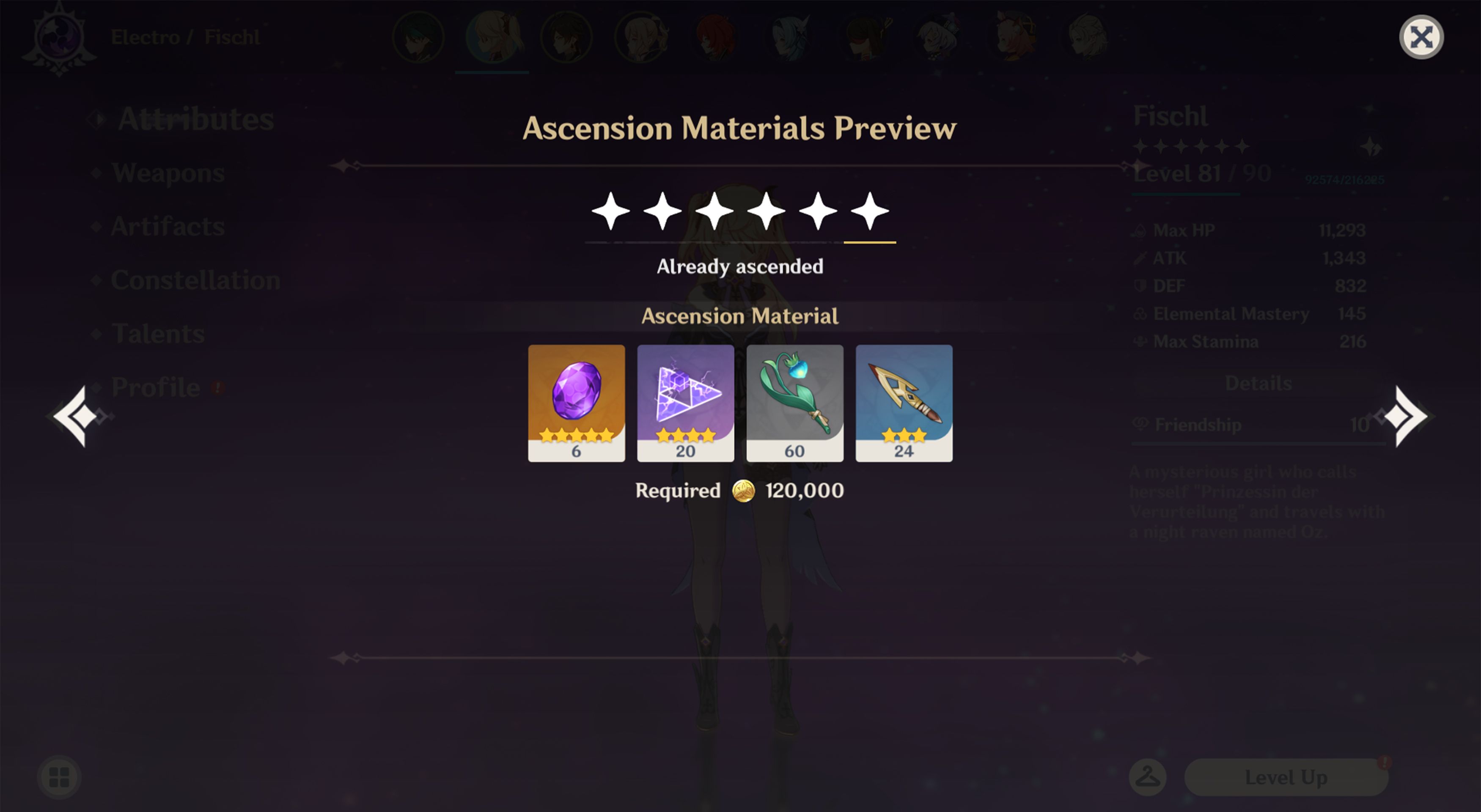 Fischl Ascension screen to max level