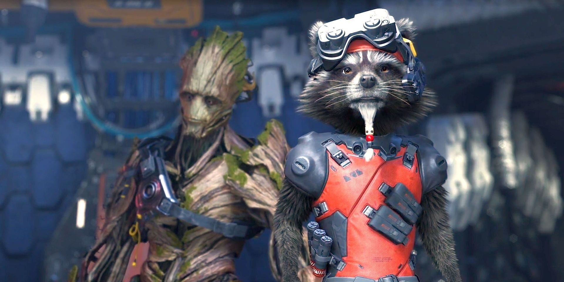 A screenshot showing Rocket and Groot in the Square Enix version of Guardians of the Galaxy