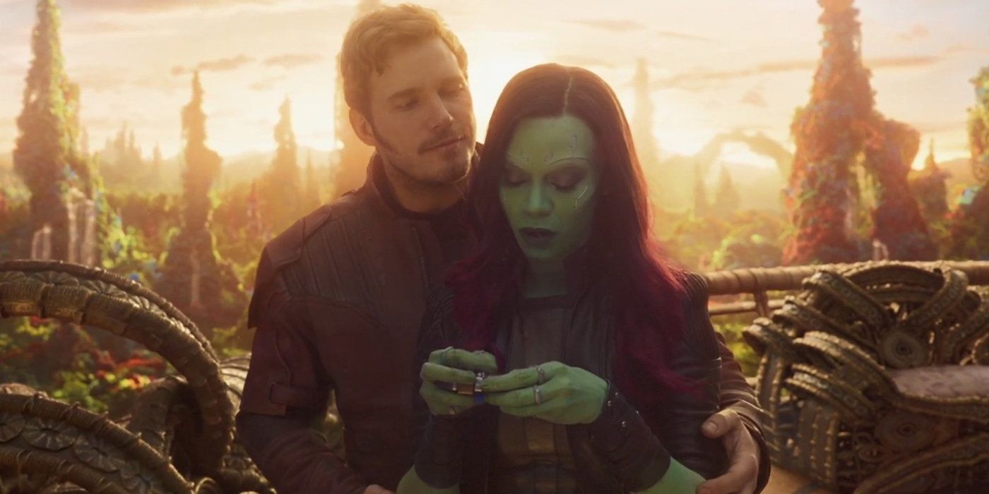 A still image showing Gamora and Peter Quill in the Guardians of the Galaxy movie