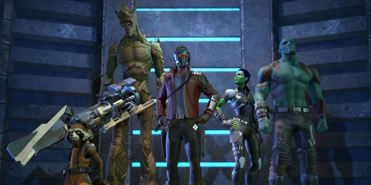 A screenshot showing the lineup of characters from the Telltale Games version of Guardians of the Galaxy
