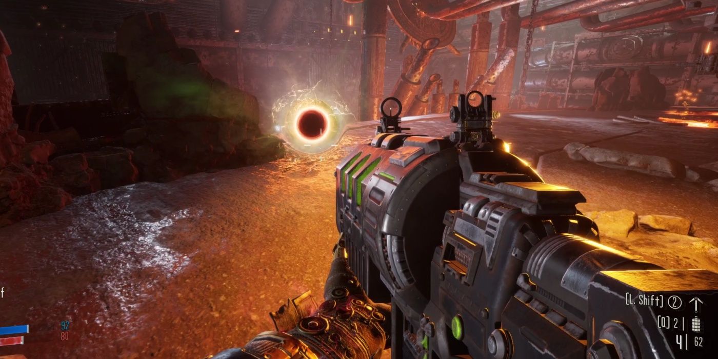 Necromunda: Hired Gun Player Firing Grav Gun And Black Hole Projectile