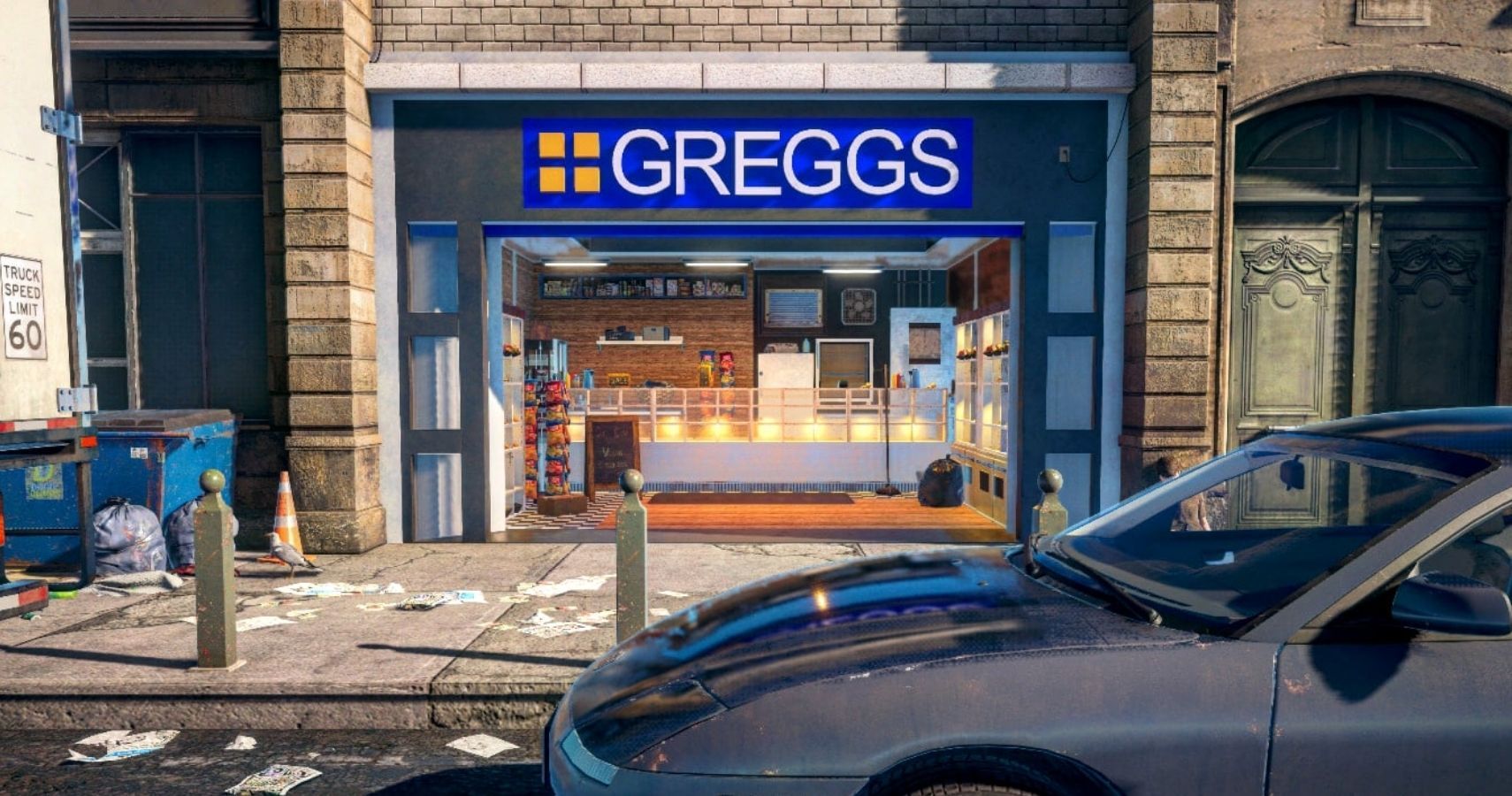 A British high street with a Greggs open. The street looks messy, with trash on the floor.