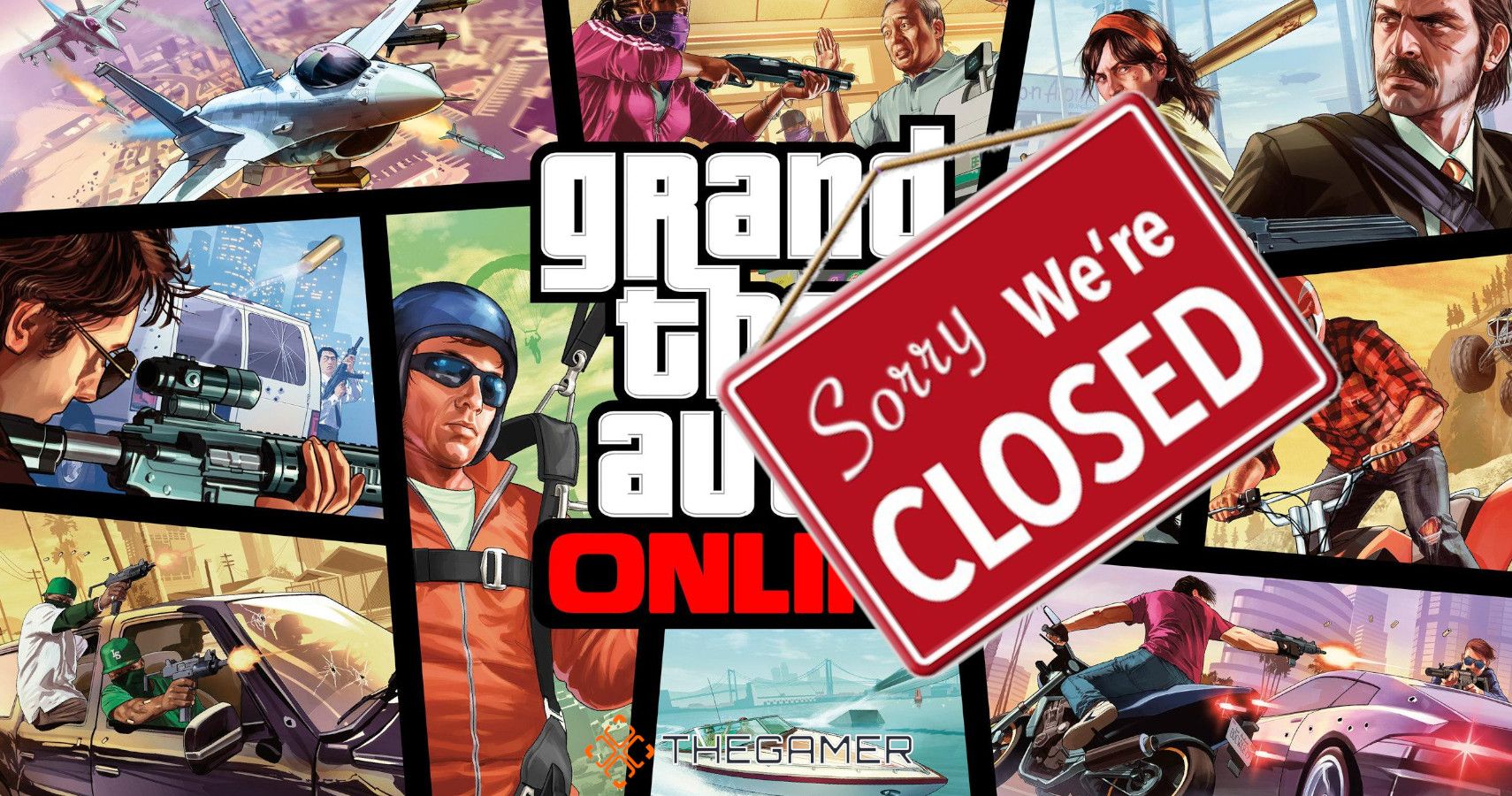 gta online logo with a closed sign hanging off it