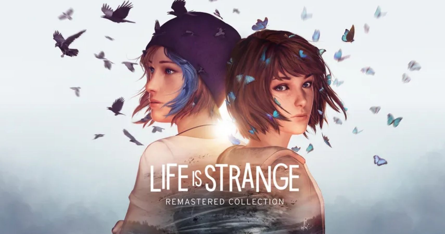 A blue haired woman is on the left. She is wearing a beanie hat. A brunette woman is on the right. They are back to back, and there are butterflies around them,