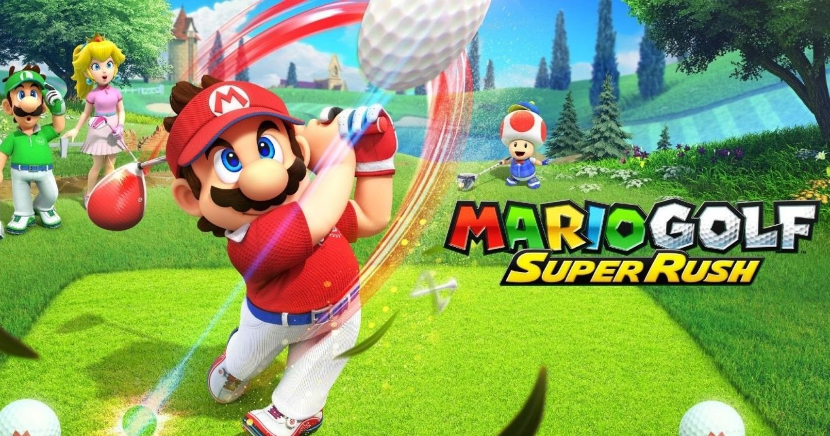 Mario is playing golf. He has just made a shot, while Luigi and Peach watch in the background.