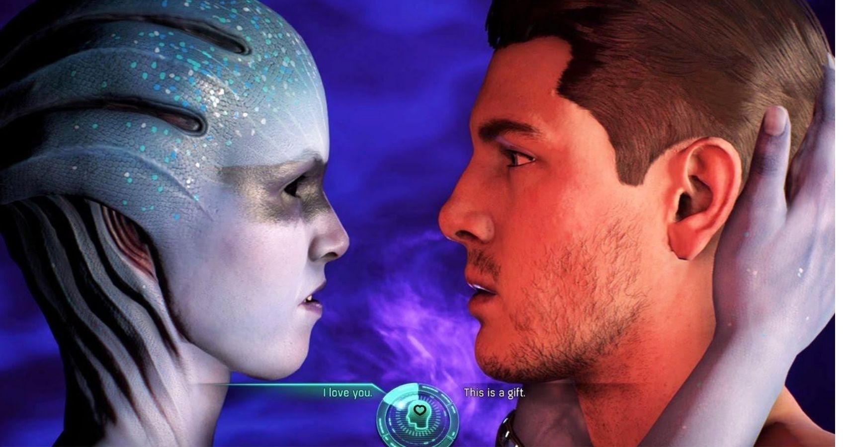 A blue alien woman and a human man lock eyes