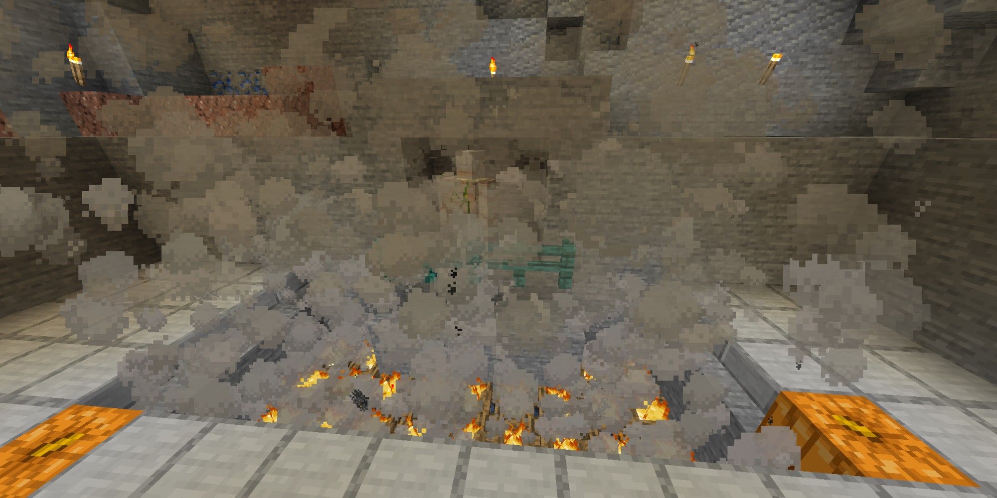 minecraft campfires with iron golem in back