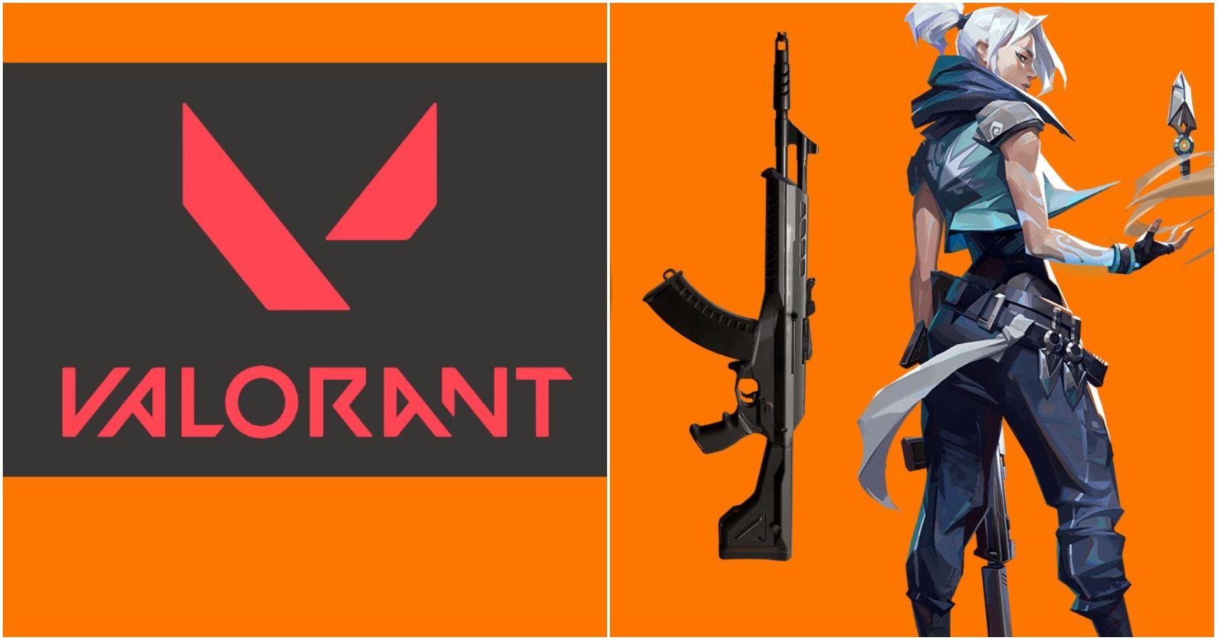 valorant logo, jett, and rifle