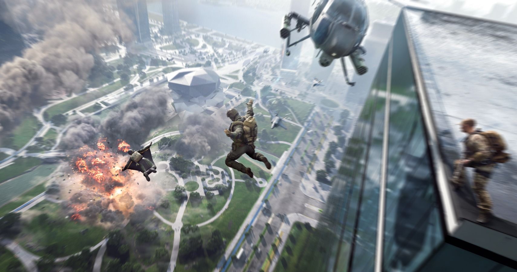 Soldiers parachute from a rooftop as a helicopter flies overhead in Battlefield 2042