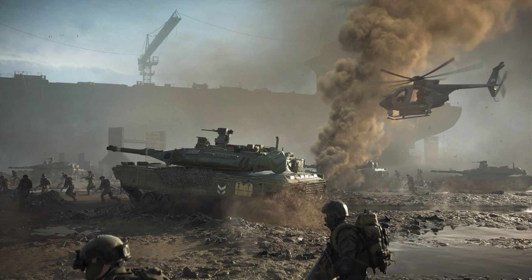 A tank drives across a smoky warfront and a helicopter hovers nearby in Battlefield 2042