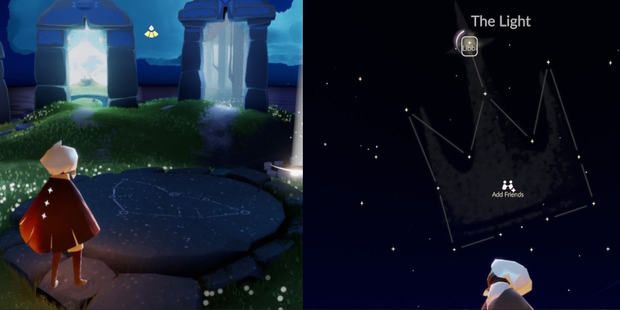 sky stone circle on home island and constellation, split image with the former on the right and the latter on the left