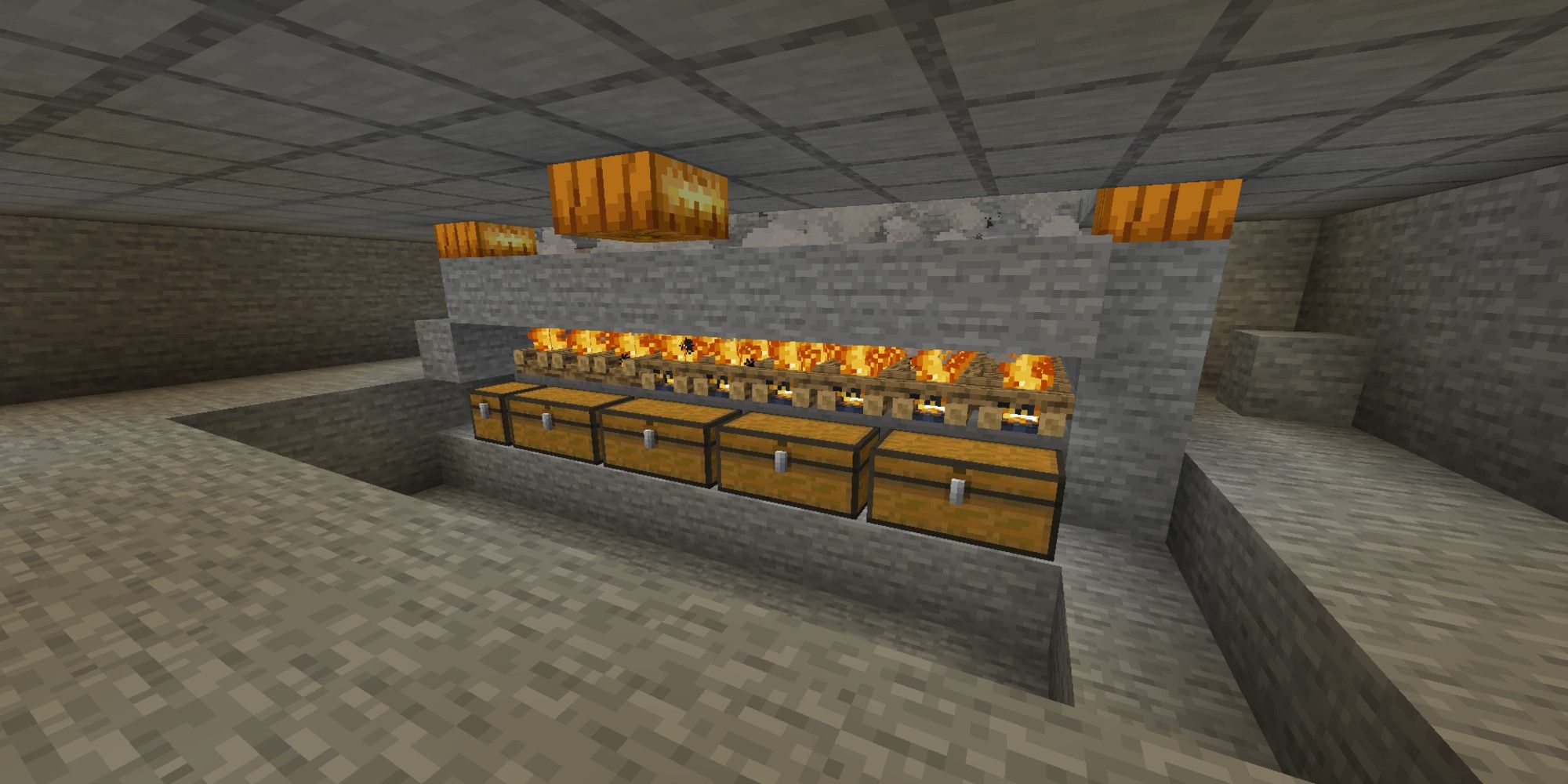 underside of minecraft slime farm with chests, hoppers, and campfires