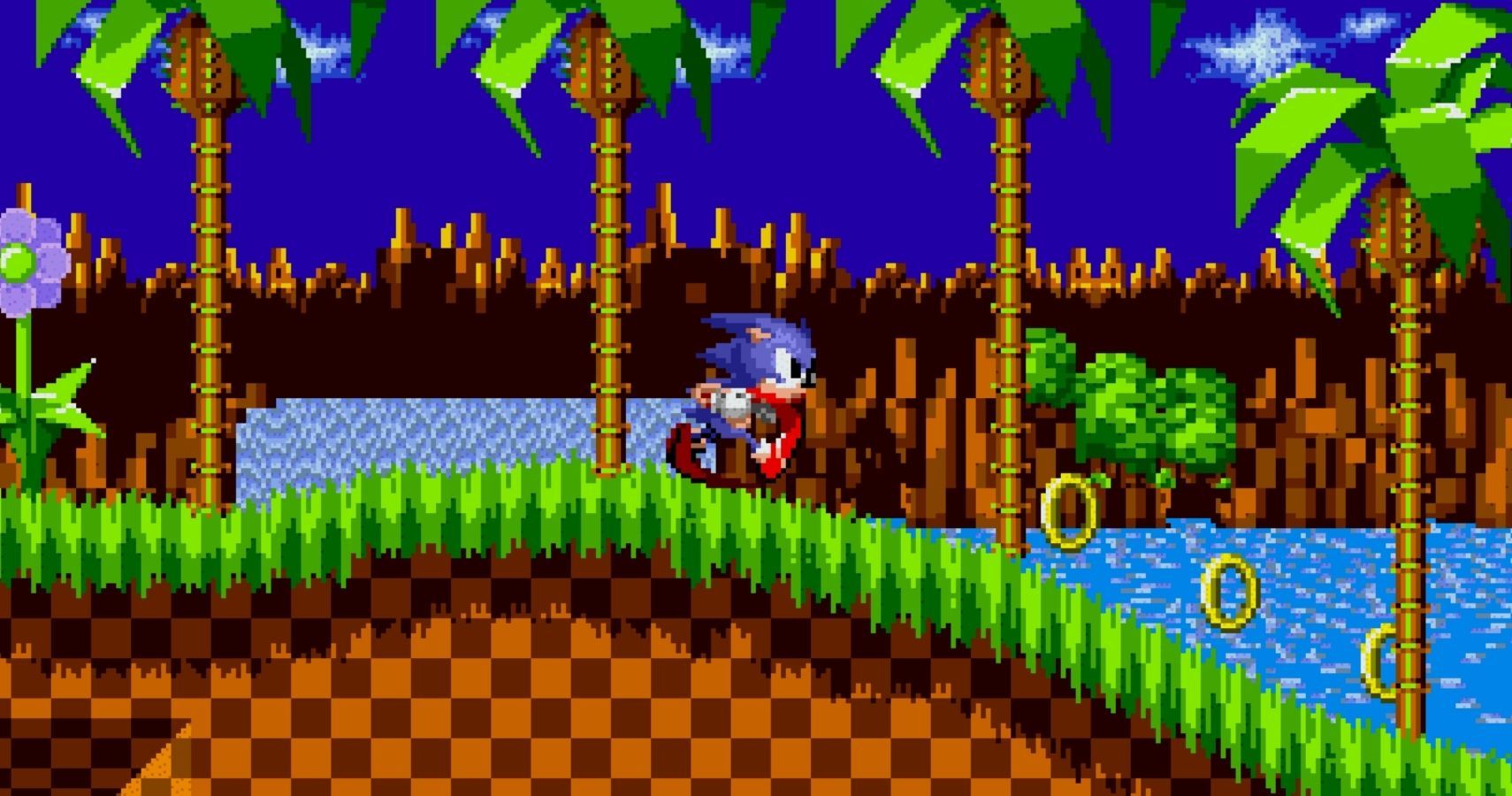 Sonic - a blue humanoid hedgehog - runs through green hills, collecting rings