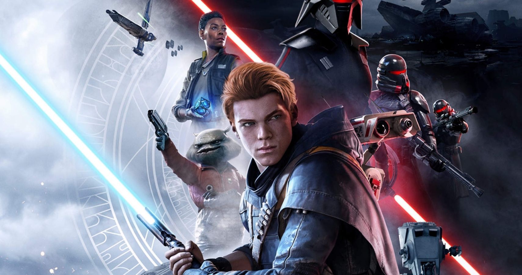 Several Star Wars characters are on this poster. This includes a red head young man holding a lightsaber. At the back there's several enemies in black armor holding guns.