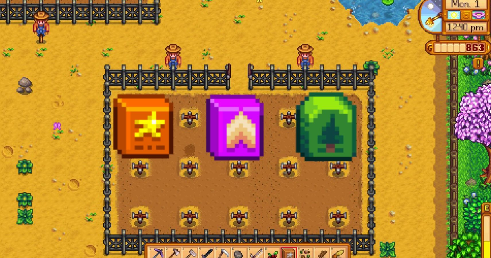 three different fertilizers in front of a field of crops