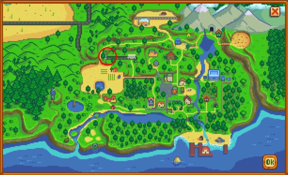 map for Stardew Valley with tunnel for Mr. Qi quest circled