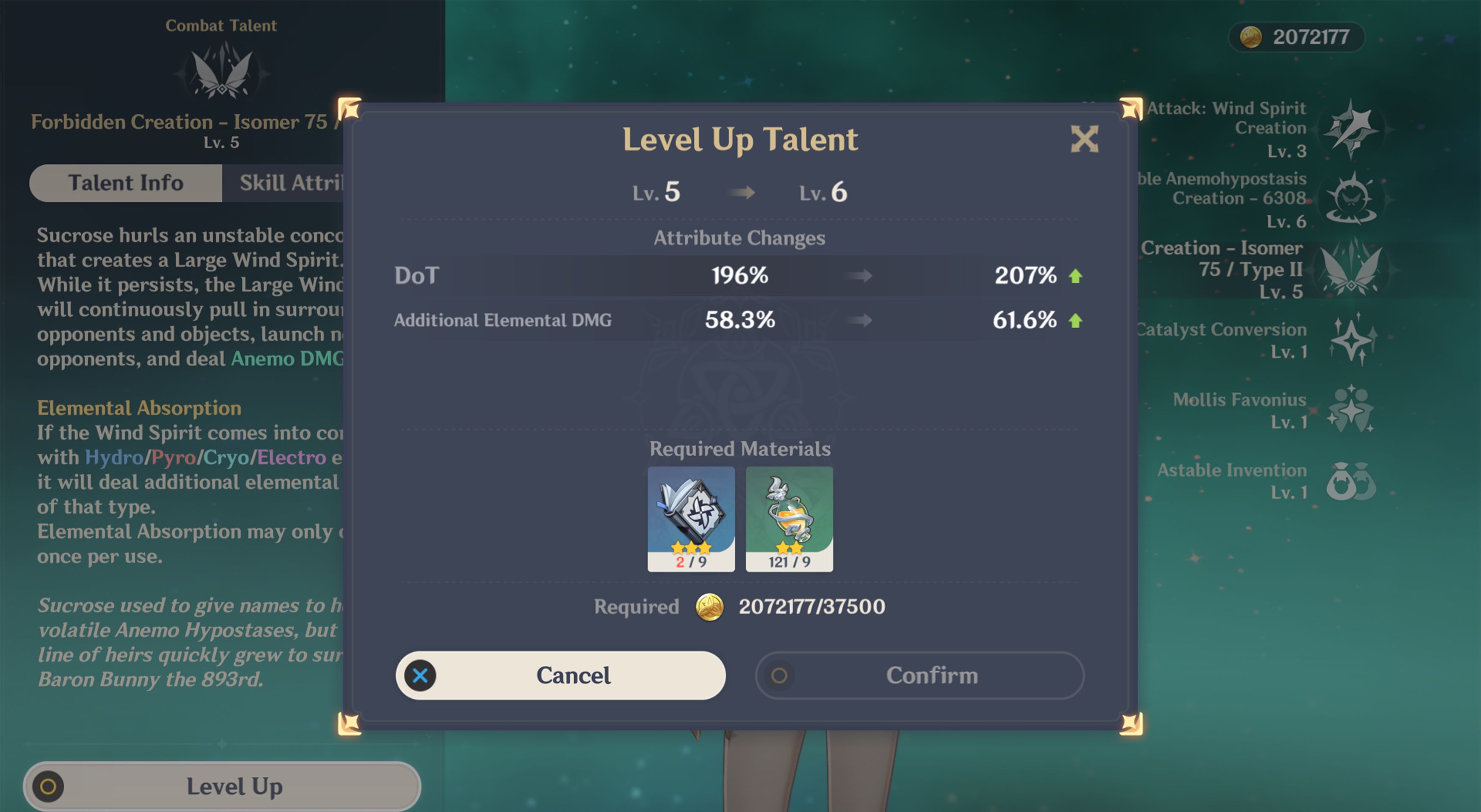 Sucrose Talent upgrade screen