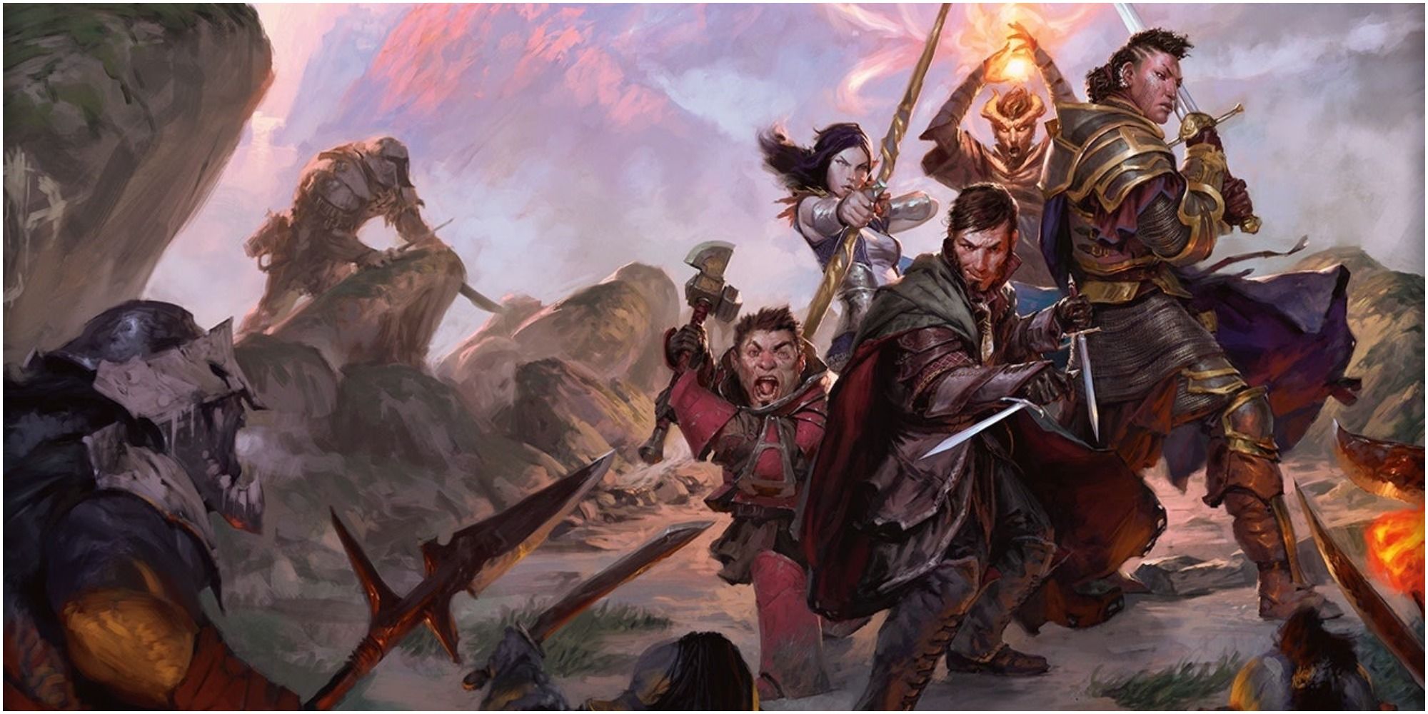 A group of adventurers stand together, surrounded by enemies in rocky terrain.