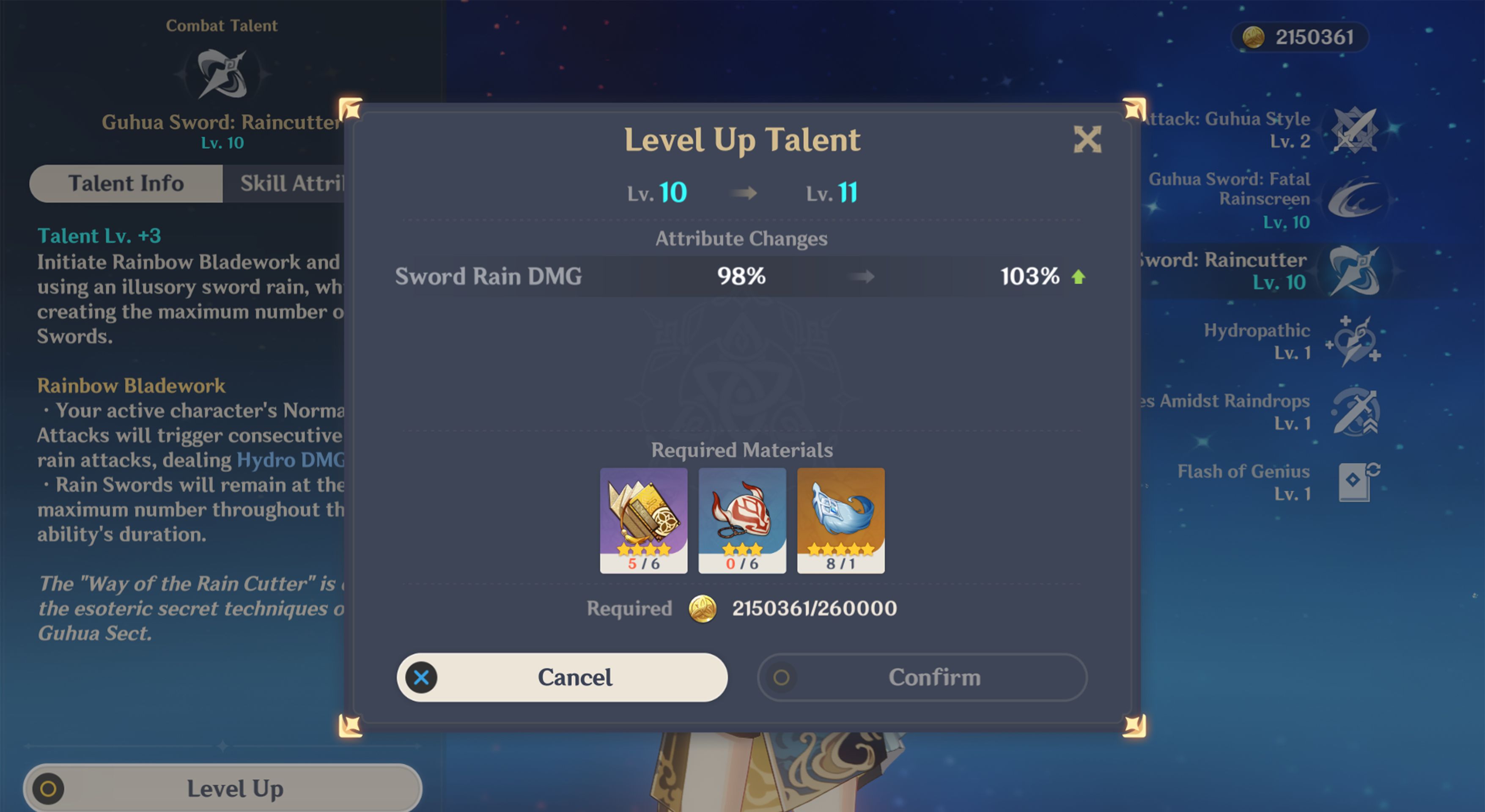 Xingqiu talent level up screen