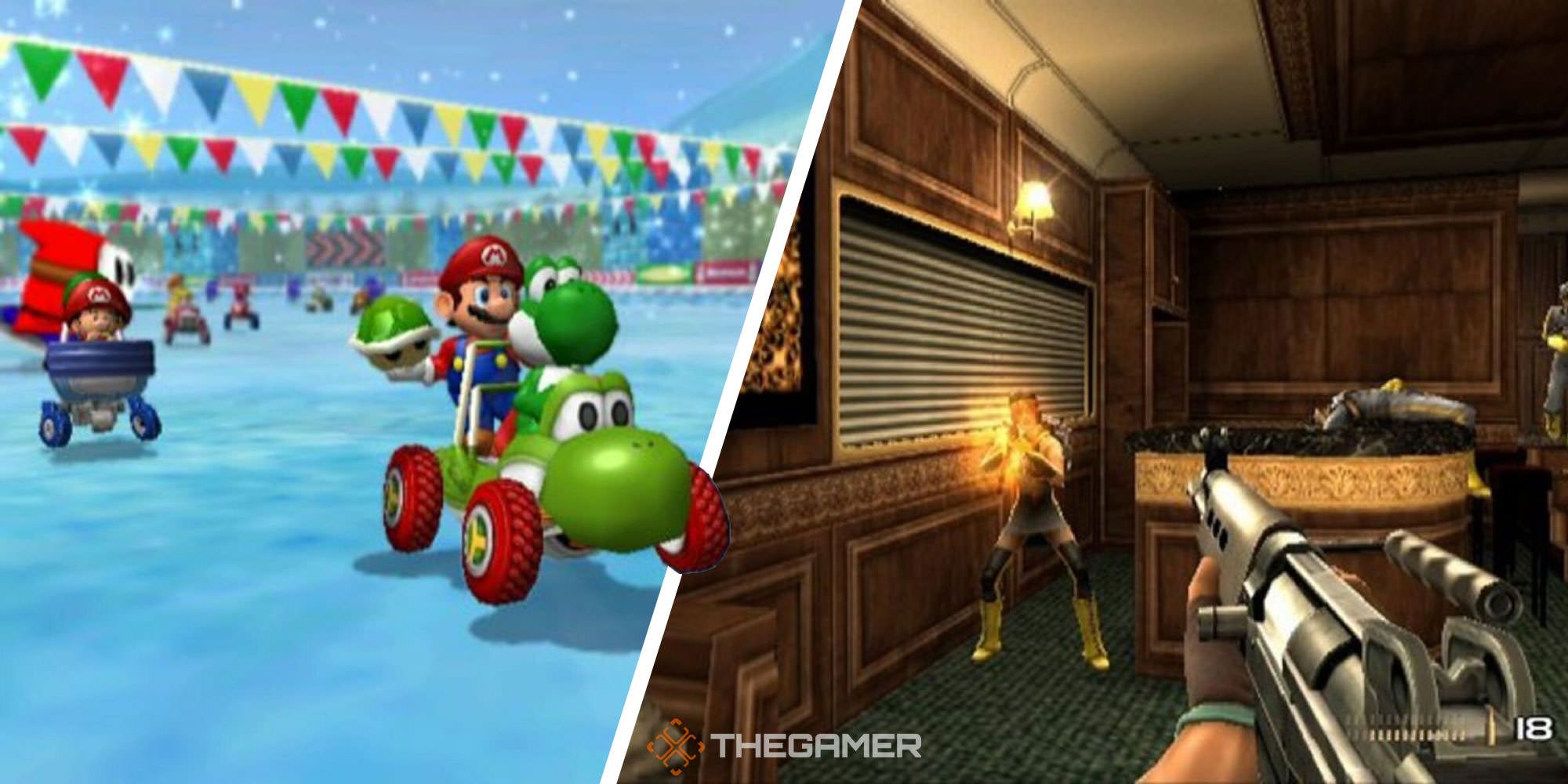 Split image of Mario Kart: Double Dash and TimeSplitters: Future Perfect