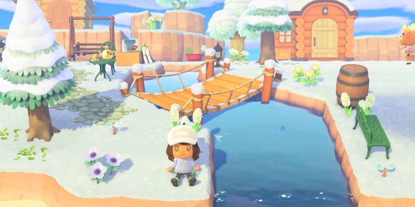 A decorated river mouth in Animal Crossing: New Horizons