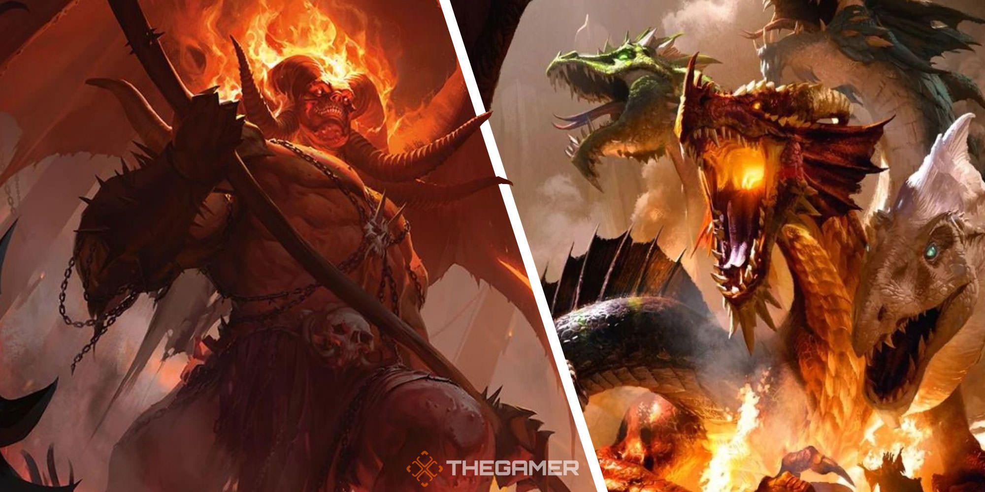 Split image of Rakdos the Showstopper and Tiamat