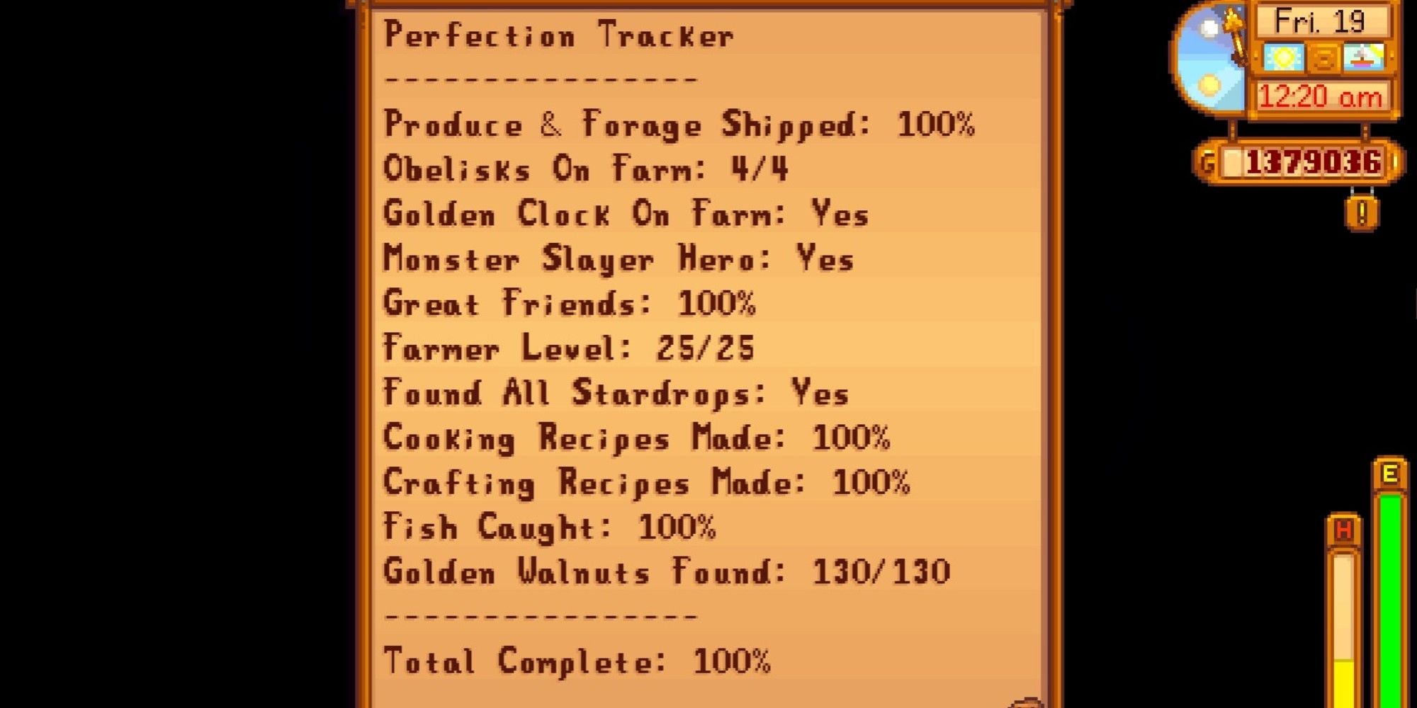 perfection tracker menu with 100% completion