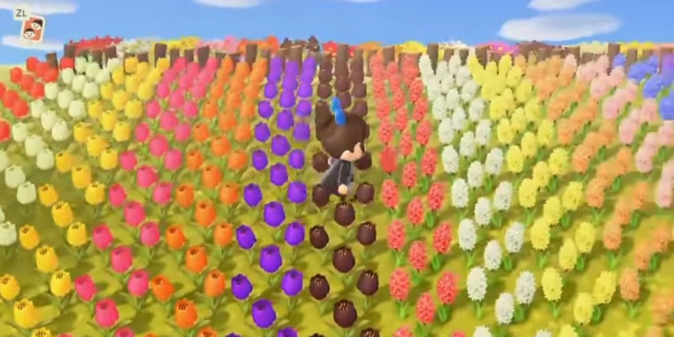 A Resident Representative running through flowers in Animal Crossing: New Horizons