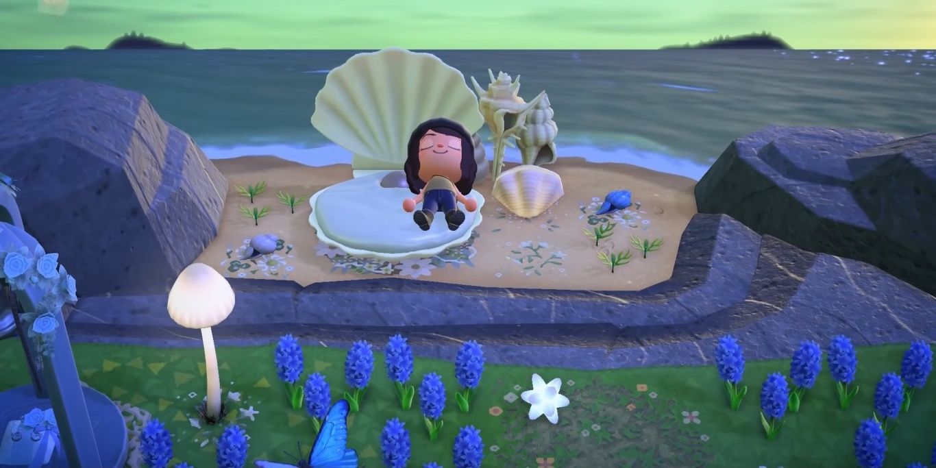 A stary, fairycore secret beach at nighttime in Animal Crossing: New Horizons