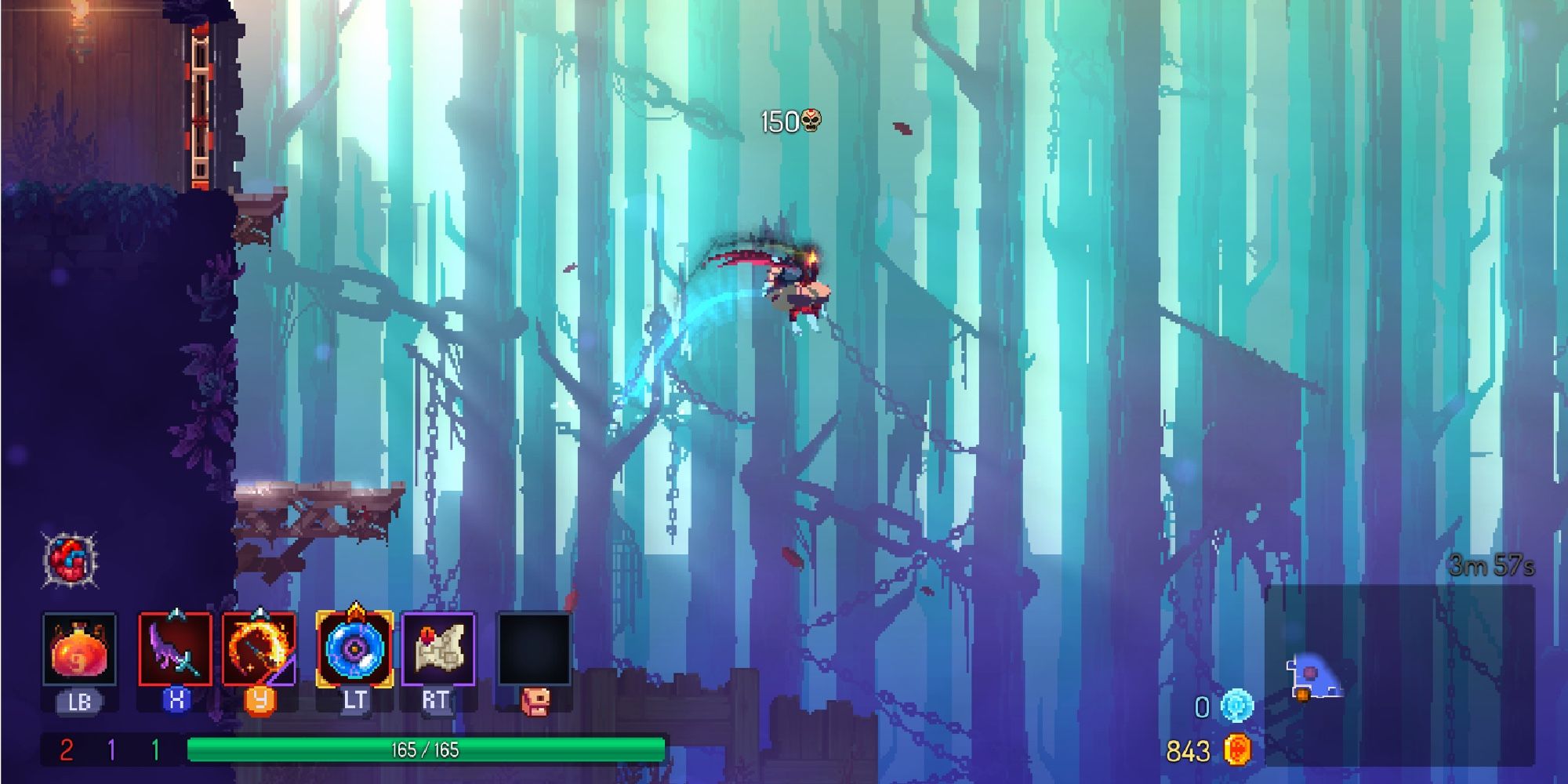 Dead Cells Hero The Beheaded Rolls Mid-Air On Promenade of the Condemned Biome