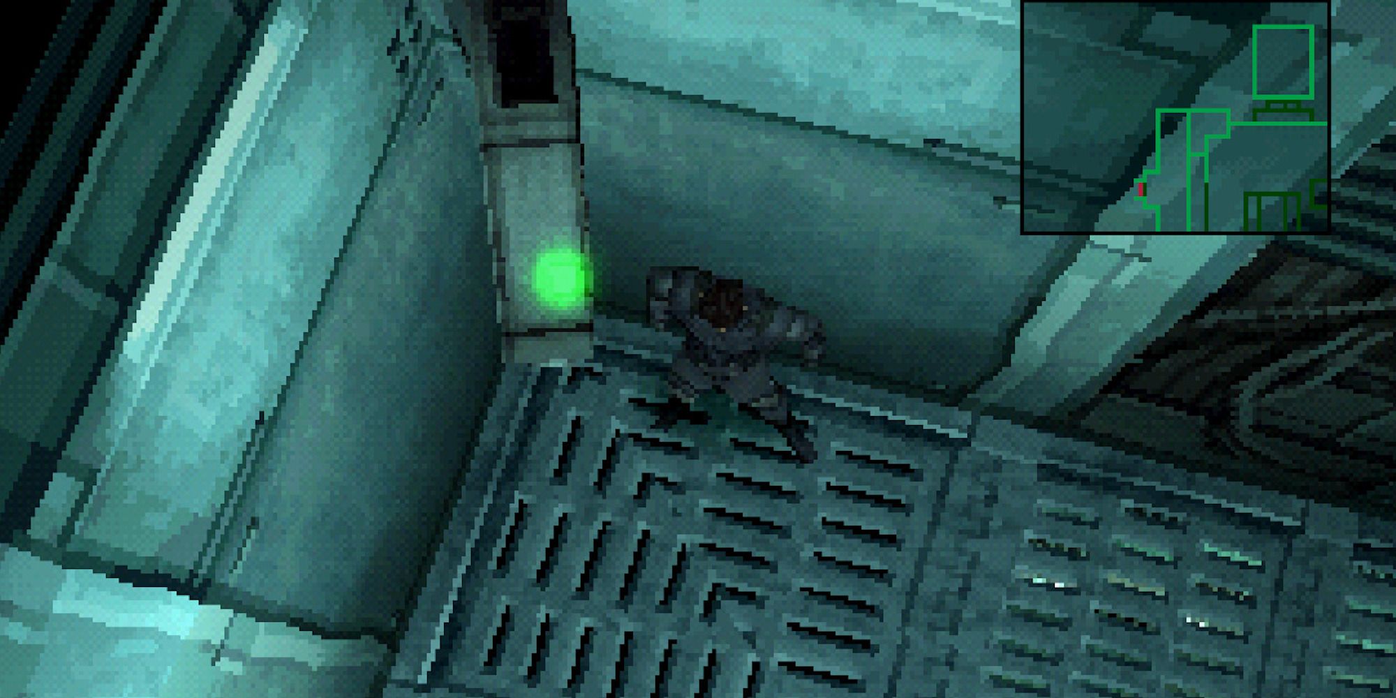 Screenshot from Metal Gear Solid 1 showing Solid Snake sneaking under a camera