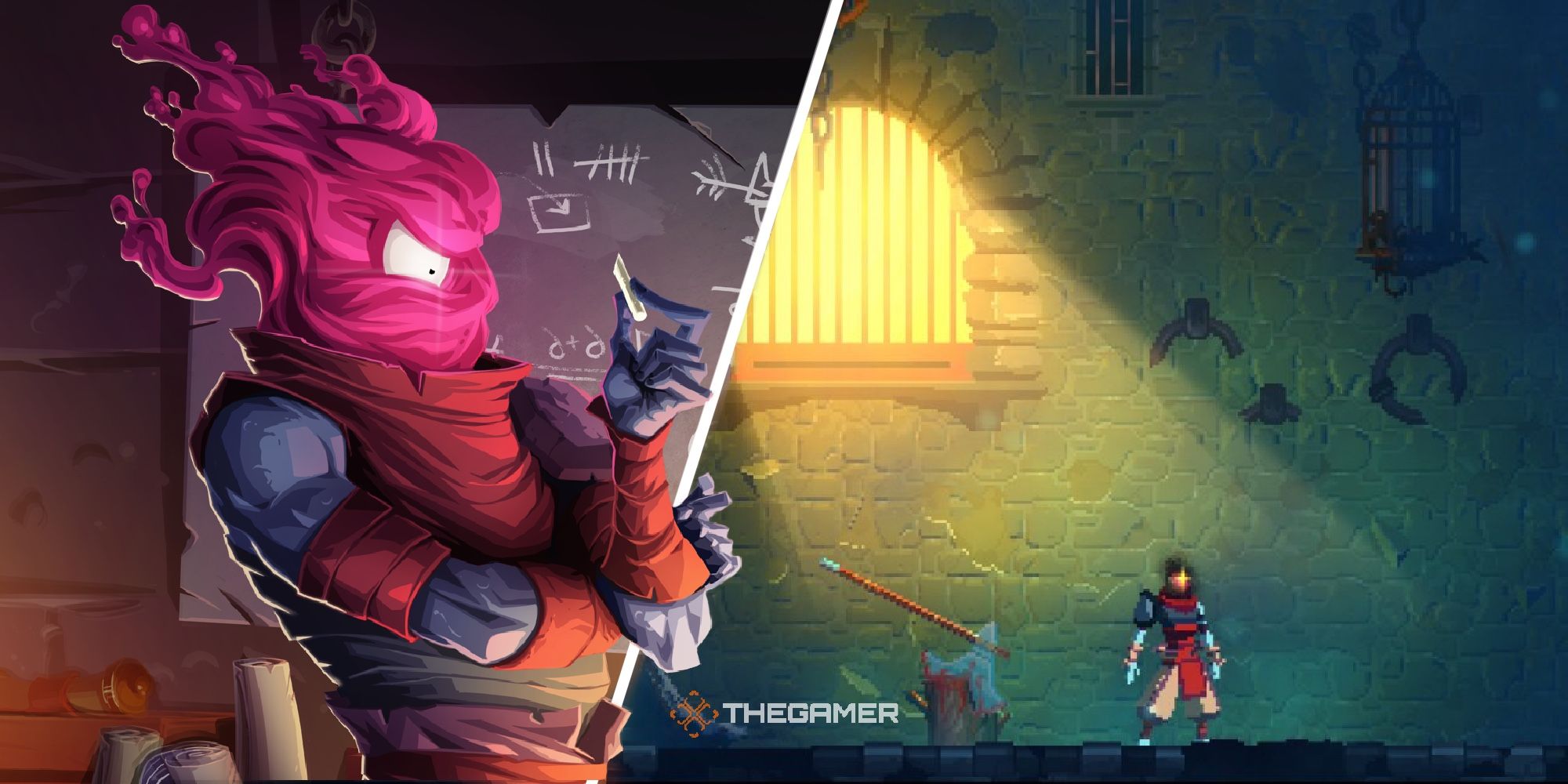 Split Image of Dead Cells Protagonist The Beheaded And The Prisoners Quarters Level