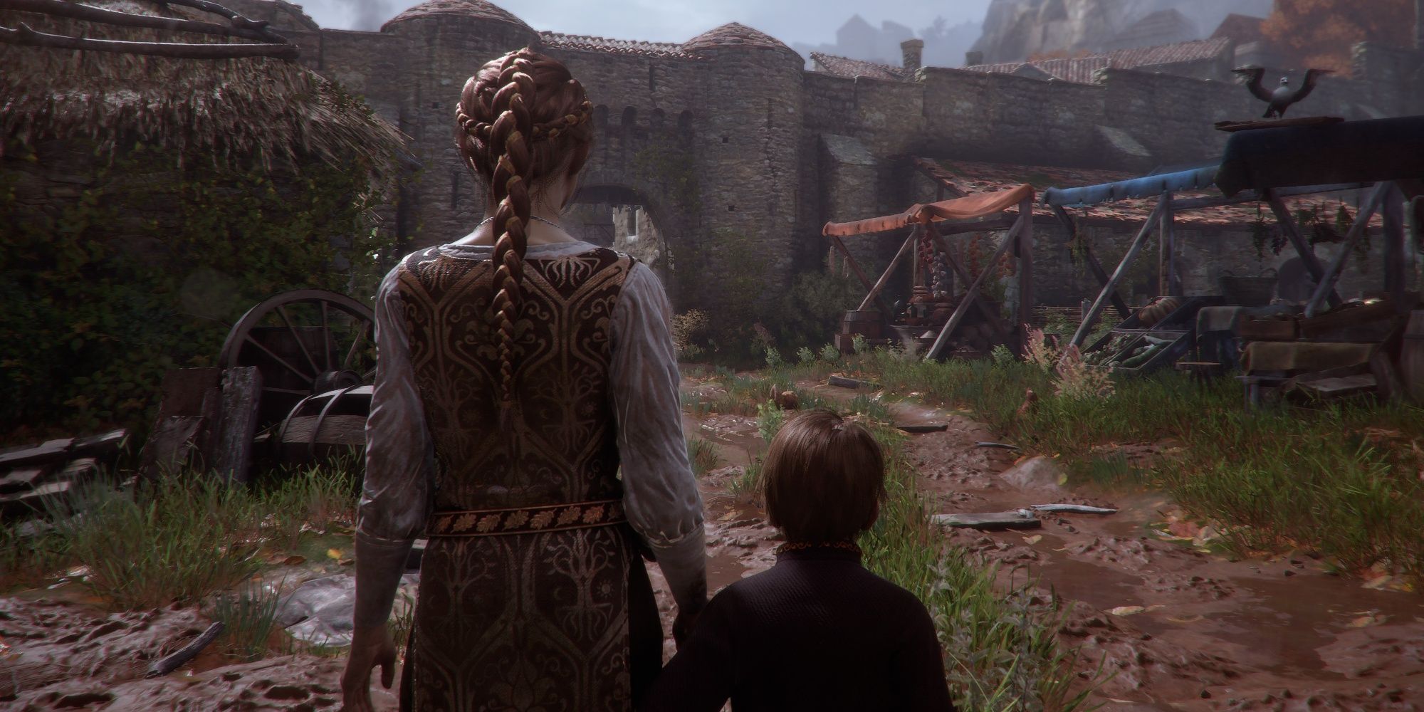 Amicia guiding Hugo through the dilapidated remains of Europe in A Plague Tale: Innocence.