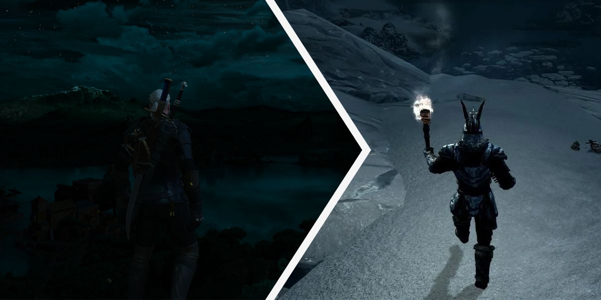 A comparison of night time lighting between The Witcher 3 and Skyrim
