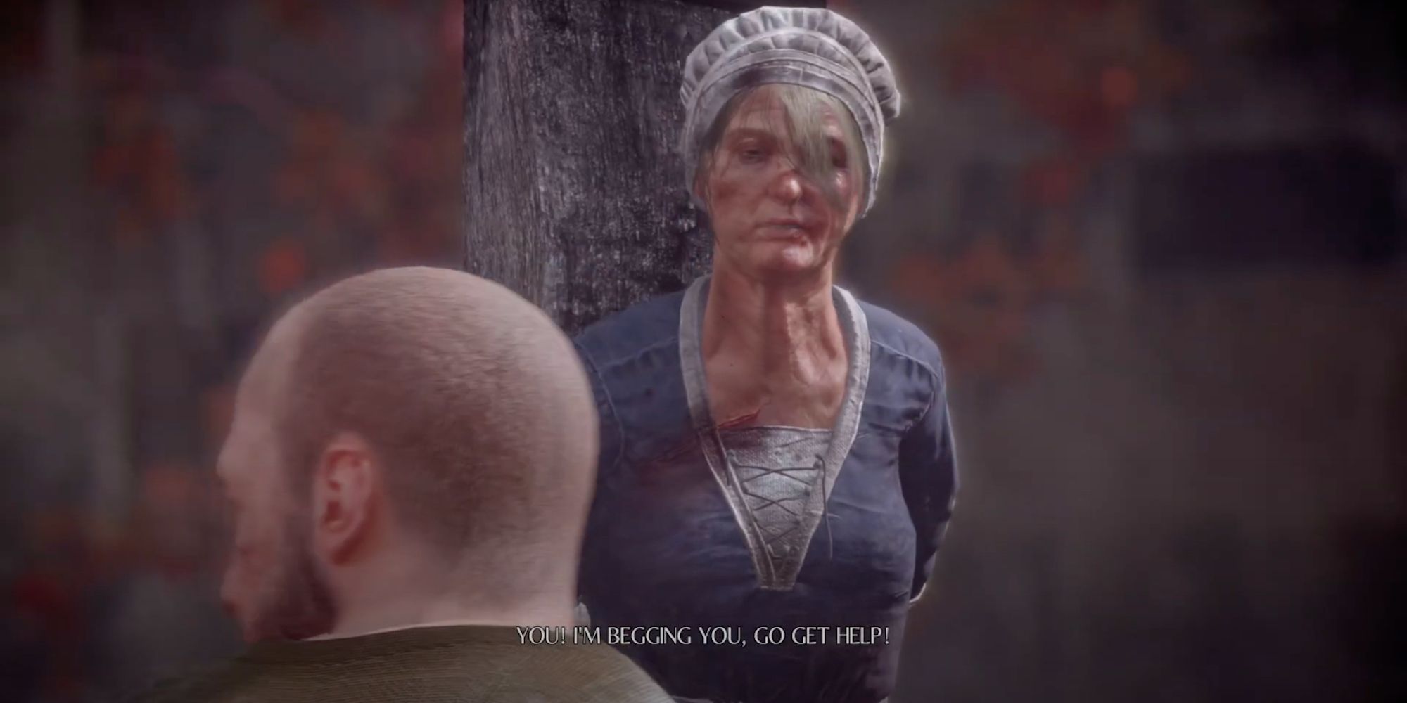 A plague tale woman begging for help 