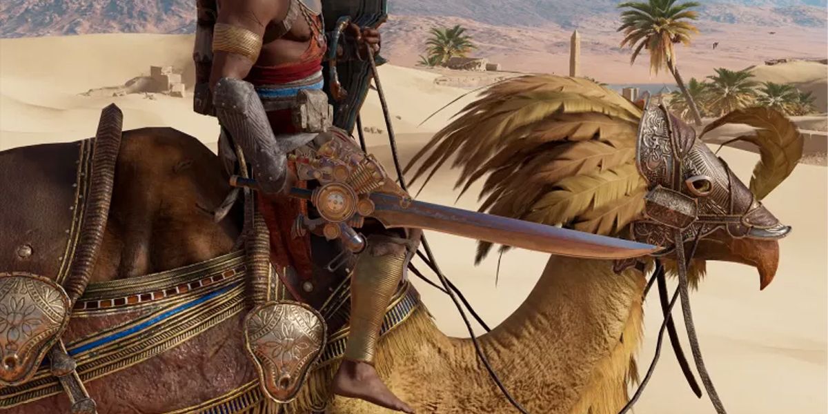 AC Origins a character riding a chocobo style mount final fantasy
