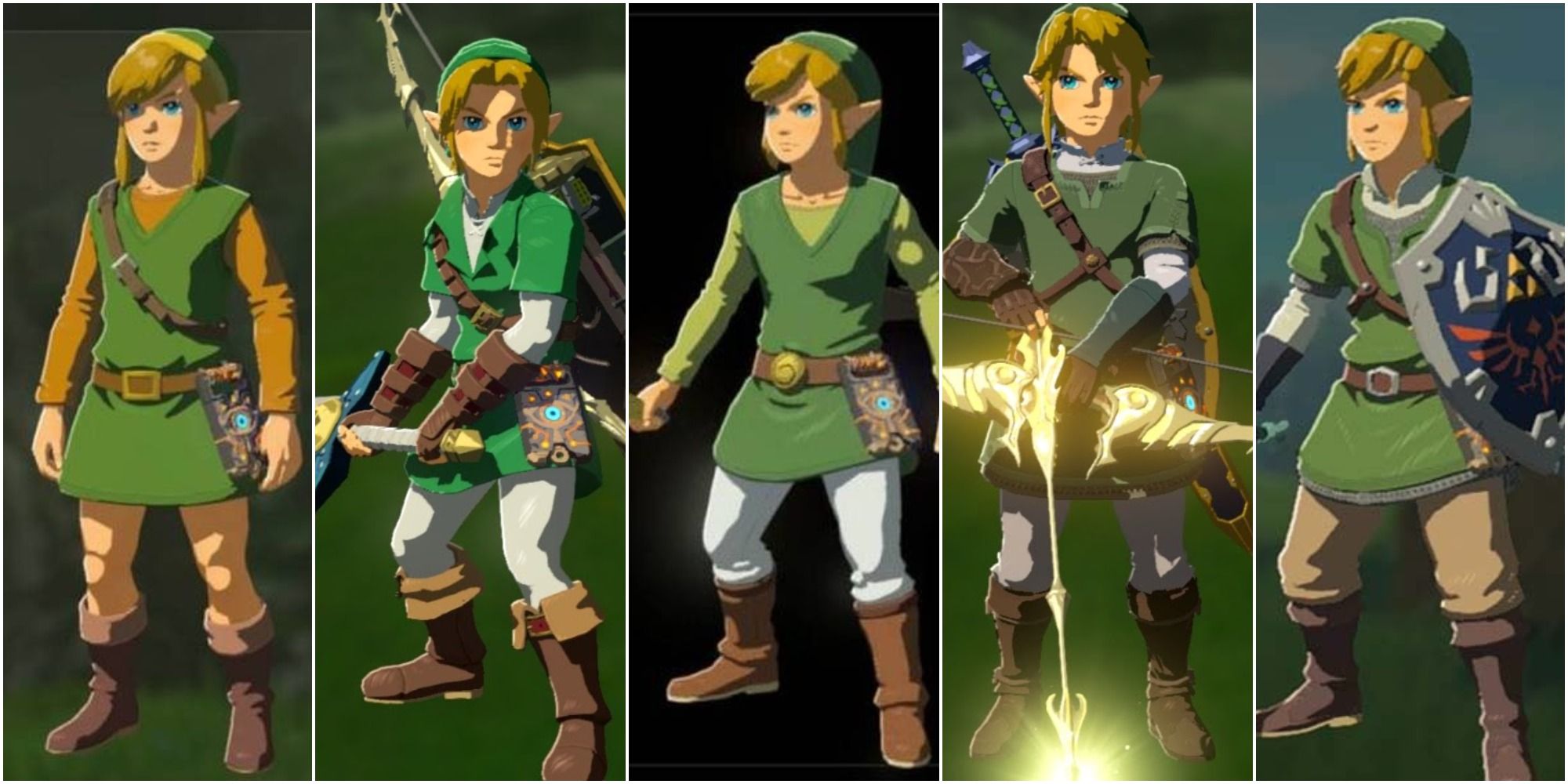 Various Links pose while wearing the Amiibo Armor Sets