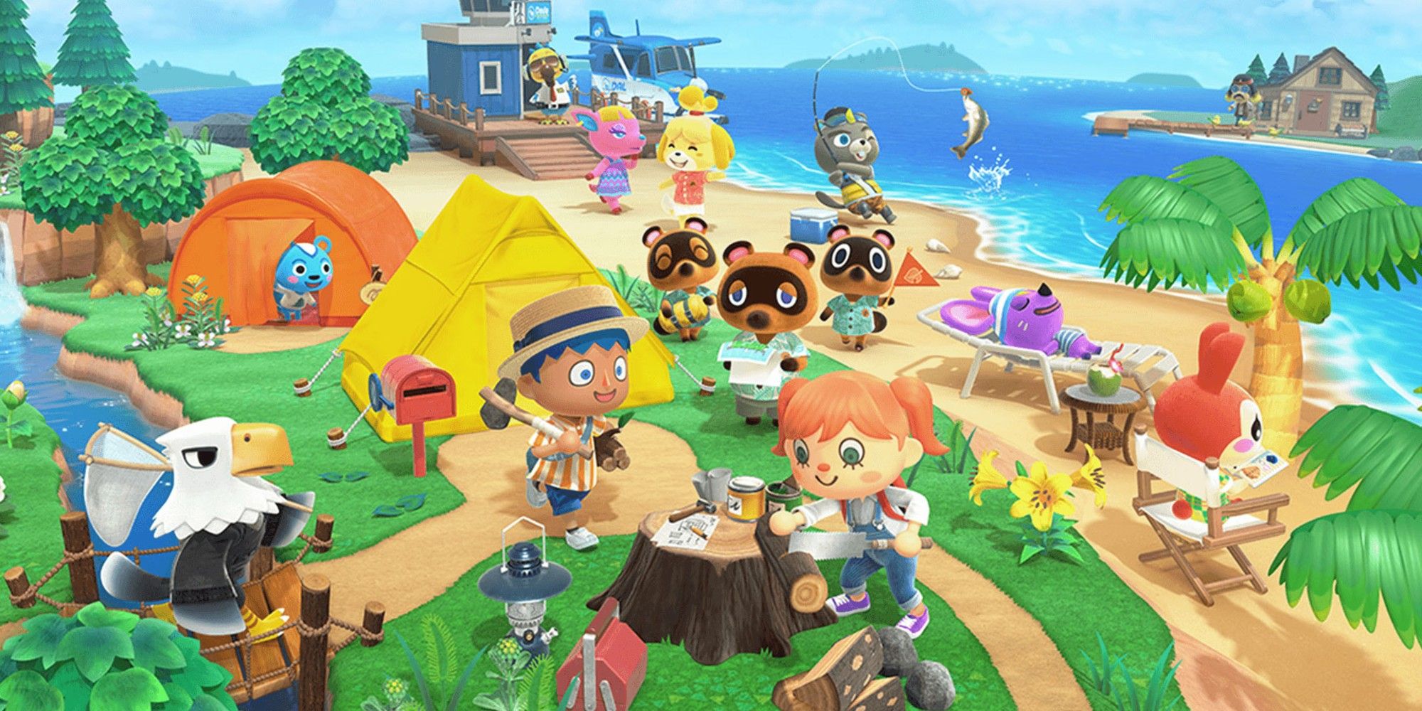 Animal Crossing characters hanging out by the shore