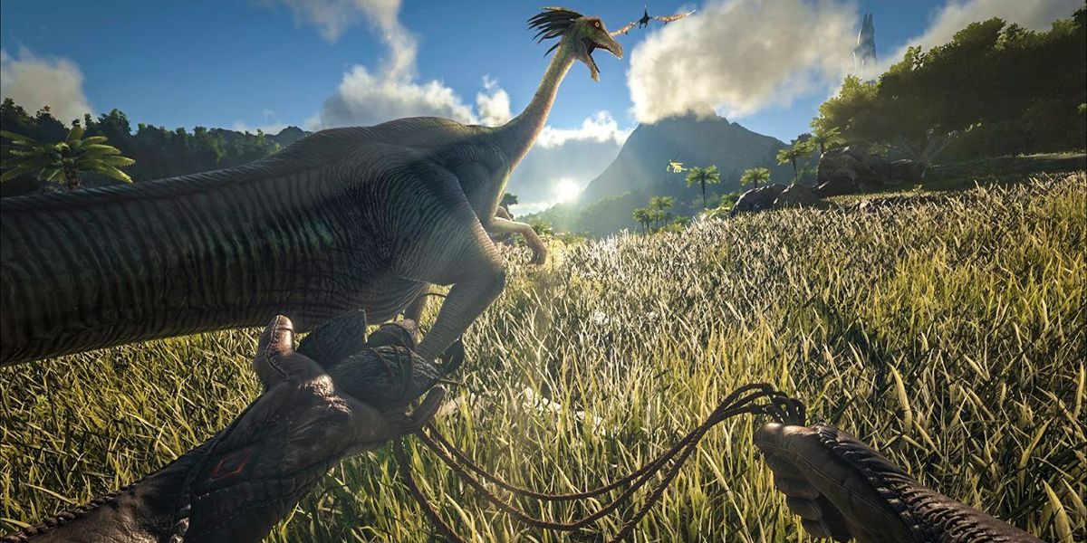 Ark Survival Evolved A character holding bolas near a dinosaur