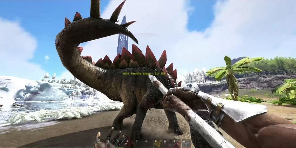 A character using a pike on a dinosaur in first person in Ark Survival Evolved